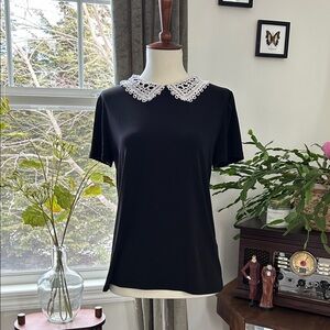 Karl Lagerfeld Black Tee with White Crochet Collar